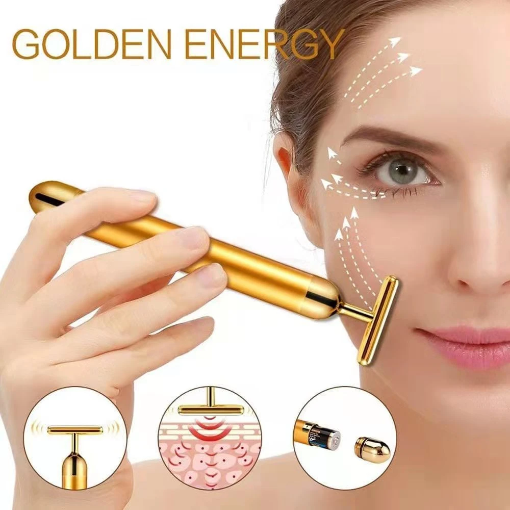 Facial massager face slimming massager 24K Gold Electric Facial Roller Bar Vibrating Face Beauty Massager T Shape Face Lift Anti-Wrinkles Skin Tightening Firming Tool