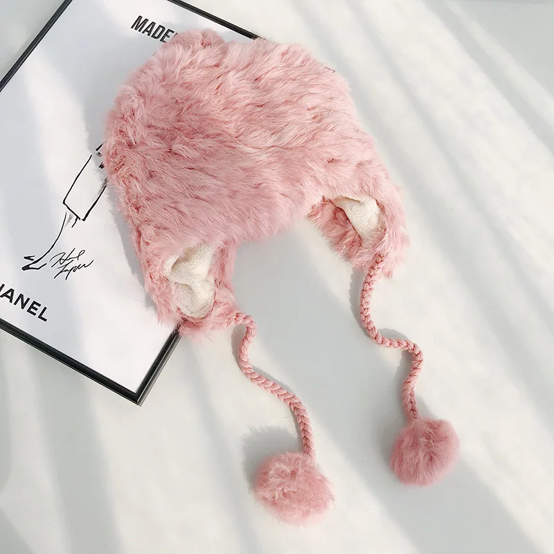 Pink Женские шапки для взрослых из натурального кроличьего меха, наушники плюс бархатная шапка, зимняя теплая шапка для снега и холода, меховая шапка с помпоном для девочек - Цвет: Pink