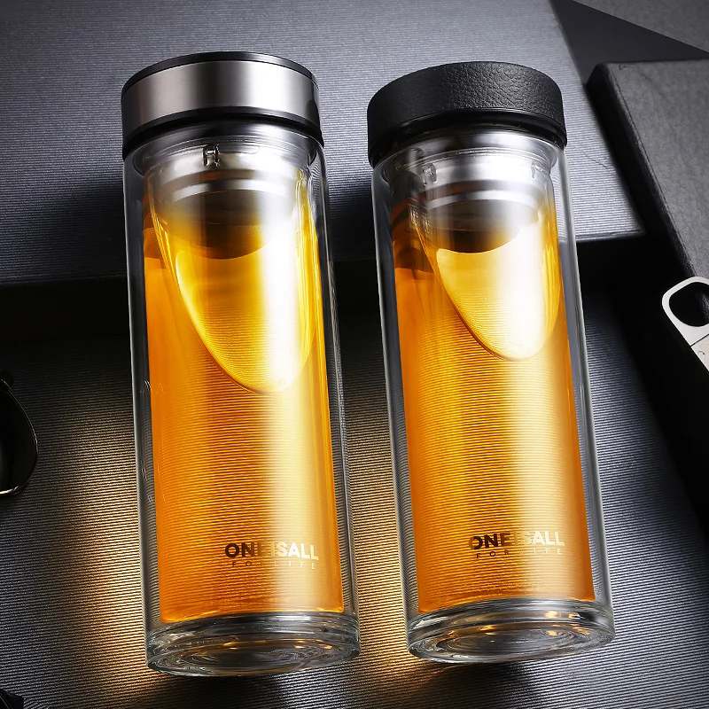 500ml Glass Water Bottle With Tea Filter Strainer Double Wall Mug