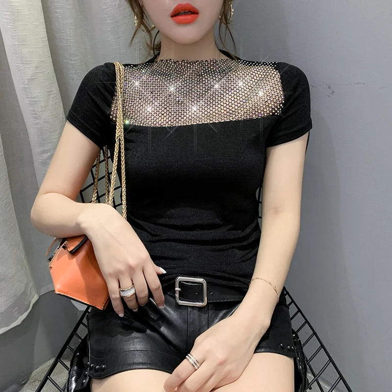 Summer European Clothes T-shirt Fashion Sexy O-Neck Shiny Diamonds Women Tops Ropa Mujer Short Sleeve Elastic Tees 2020 T04101 | Женская