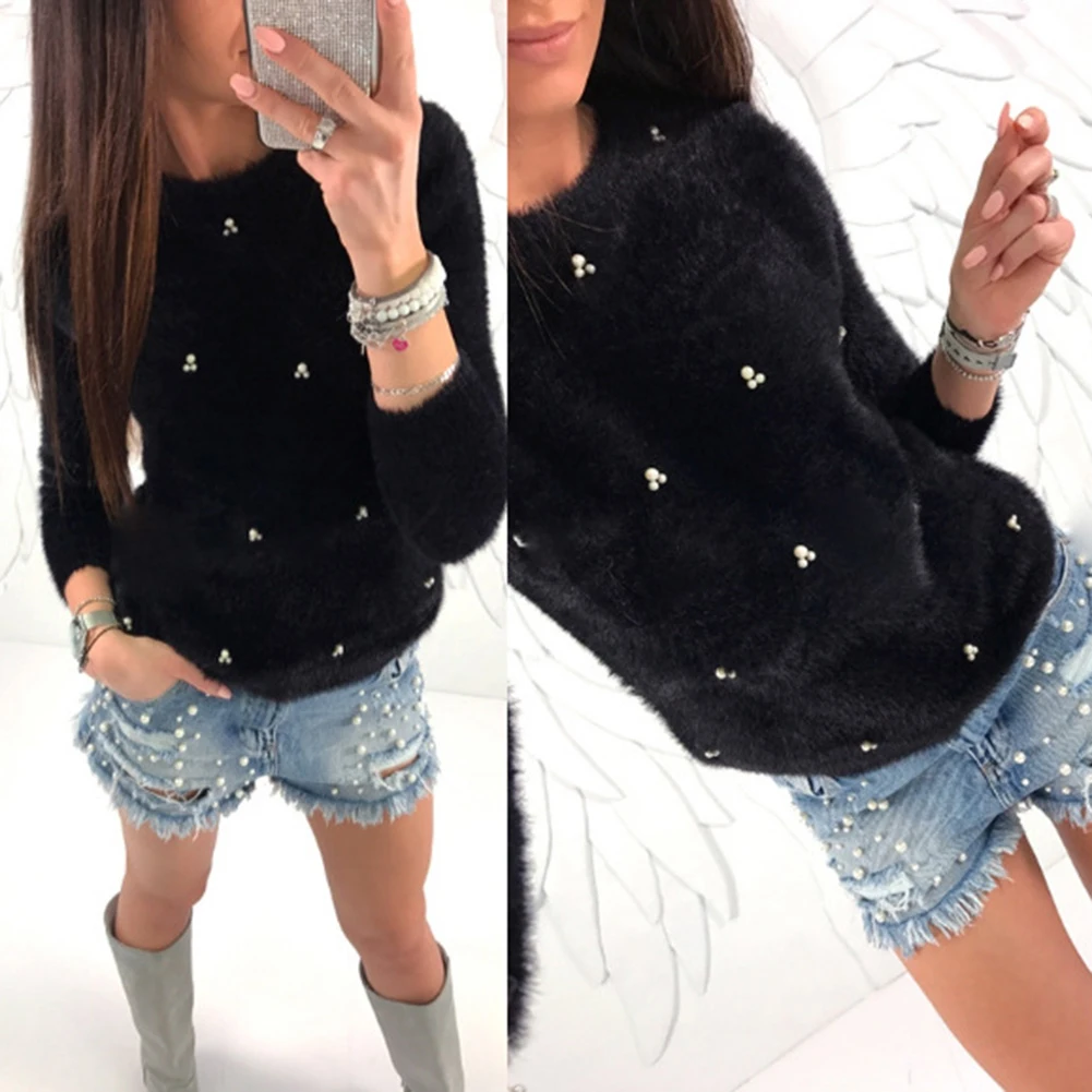 Hot Winter Women Fashion Faux Pearl Beading Solid Color Plush Long Sleeve Pullover Solid Color Warm Polyester Spandex pullover