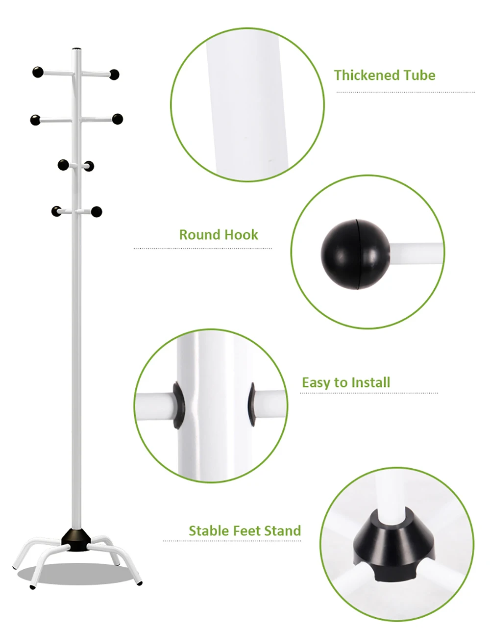 

Coat Rack Hat Hanger Hallstand Clothes Hat Tree Rack Free Standing with 8 Movable Hooks 4 Feet Base for Kitchen Bathroom Bedroom