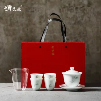 

Jindezhen Sweet White Jade Porcelain Tea Set Suit Kung Fu Tea Have Hand Bamboo Rhyme Three Talents Tureen Set Group Bas Relief