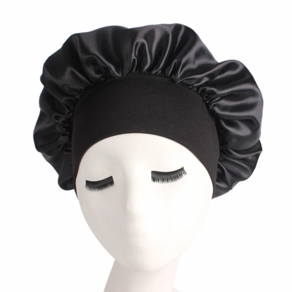 58cm Solid Color Long Hair Care Women Satin Bonnet Cap Night Sleep Hat Silk Head Wrap Adjust Shower Cap - Цвет: black