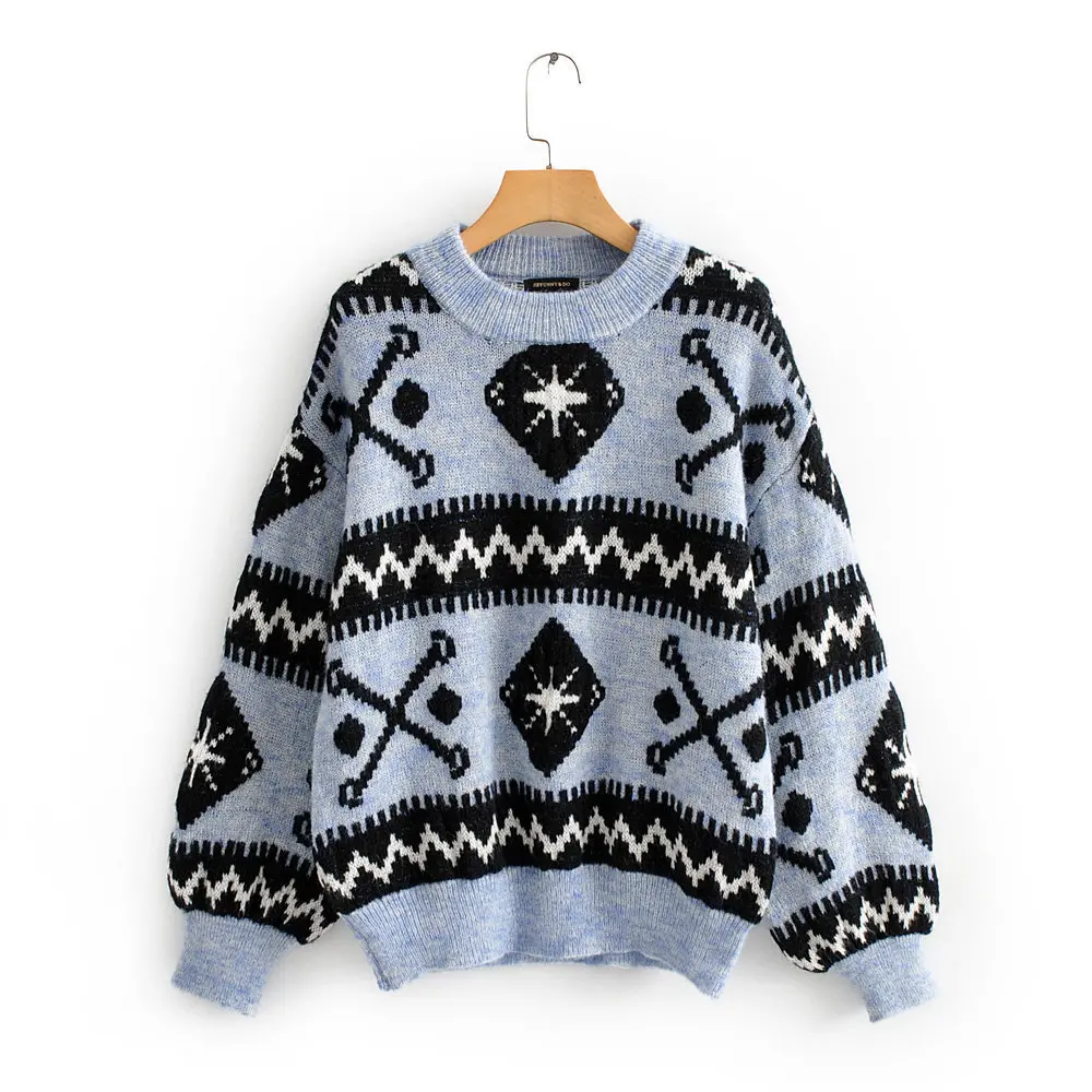 

2020 Winter Women's new European style zaraing wholesale geometric spell color knit jacket scalp