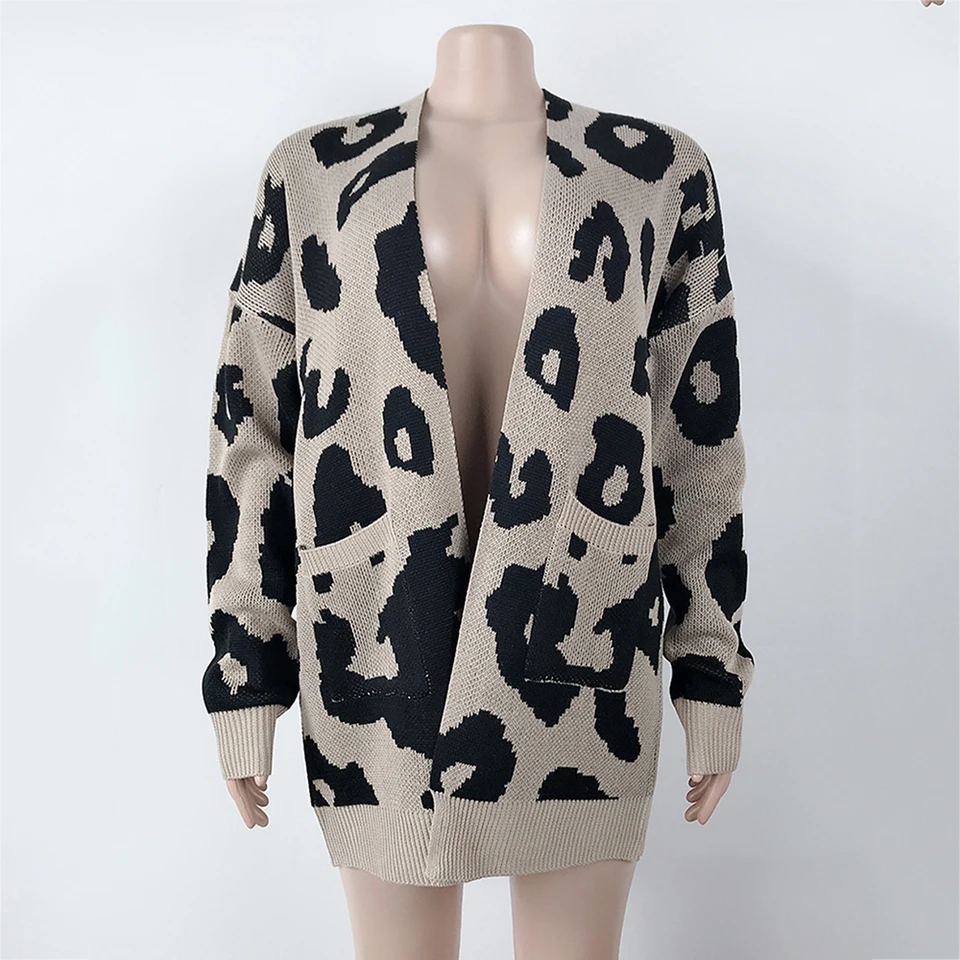 Autumn Winter Women Leopard Print Plus Size Cardigan Long Sleeved Pockets Knit Cardigans Oversized Sweater Coat Outwear Autumn Winter Women Leopard Print Plus Size Cardigan Long Sleeved Pockets Knit Cardigans Oversized Sweater Coat Outwear