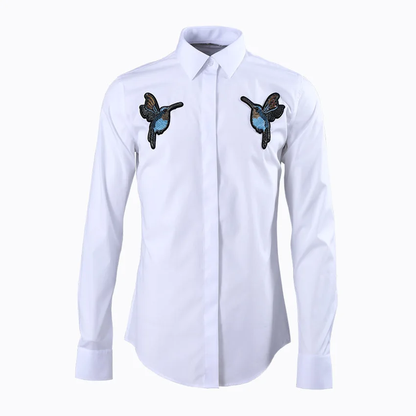 Мужская рубашка роскошная с двойной вышивкой птицы длинным рукавом модная