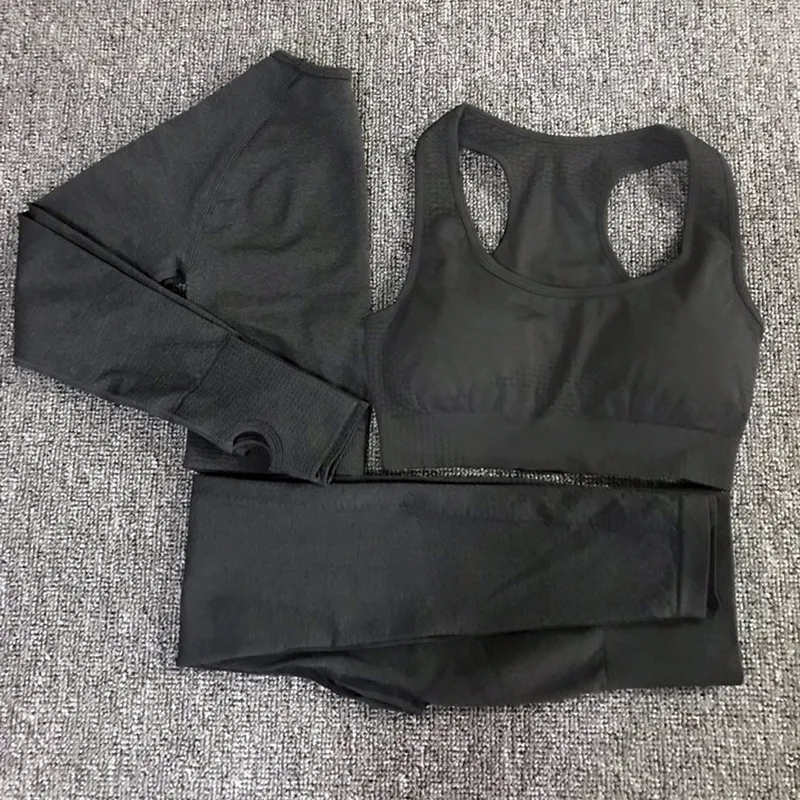 Black Bra Комплект для йоги, бесшовный костюм для йоги, 2 предмета, спортивные футболки, укороченный топ, бесшовные леггинсы, спортивный комплект, одежда для спортзала, фитнес-костюм, комплект для тренировок - Цвет: Black Bra