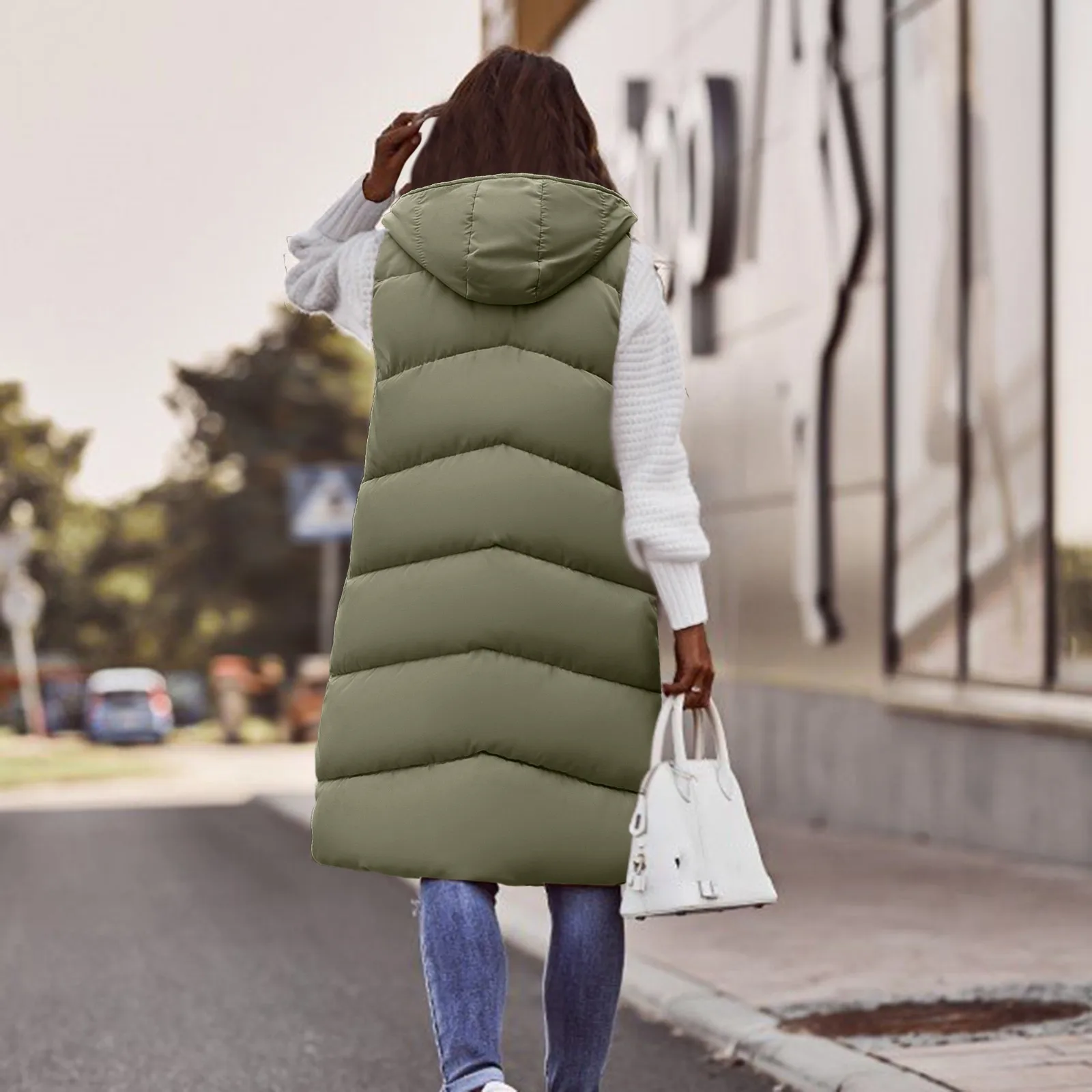 Women's Long Winter Coat Vest With Hooded Sleeveless Warm Down Coat With Pockets Quilted Vest Down Jacket Quilted Outdoor Jacket