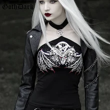 Готический укороченный топ Harajunku с темно-черным принтом и бретелькой через шею, сексуальный панковский топ с открытой спиной в стиле пэчворк, винтажный Топ, модные топы