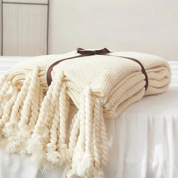 

American White Yellow Khaki Handmade Soft Knit Blanket Bed Office Nap Sofa Throw Blankets Photograph Props