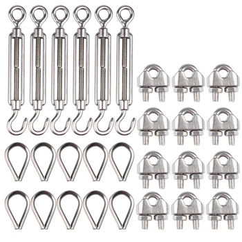 

12 piece 1/8 inch wire rope clamp (M3), 10 piece set of thimble (M3), stainless steel set, 6 piece set Hook and eye fastener (M6