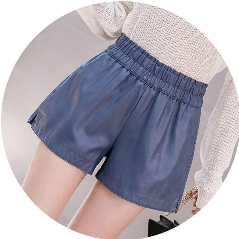 blue Корейские шорты из искусственной кожи женские осенние зимние с высокой талией широкие короткие женские большие размеры сексуальные черные шорты Femme - Цвет: blue