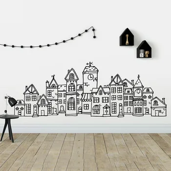 

Scandinavian Style Cute Village Wall Decal - Hand Drawn Town Decal, City Decal, Scandinavian Nursery Decal, A13-029