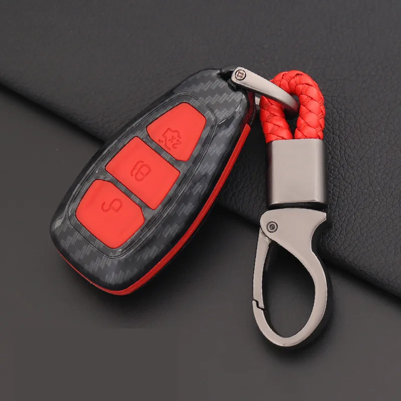 C carbon fiber + red Happyit ABS Carbon Fiber Shell+Silicone Car Key Cover Case Keychain for Ford Focus Mondeo Edge Fiesta Kuga Mondeo MK4 Fusion Escort Ecosport