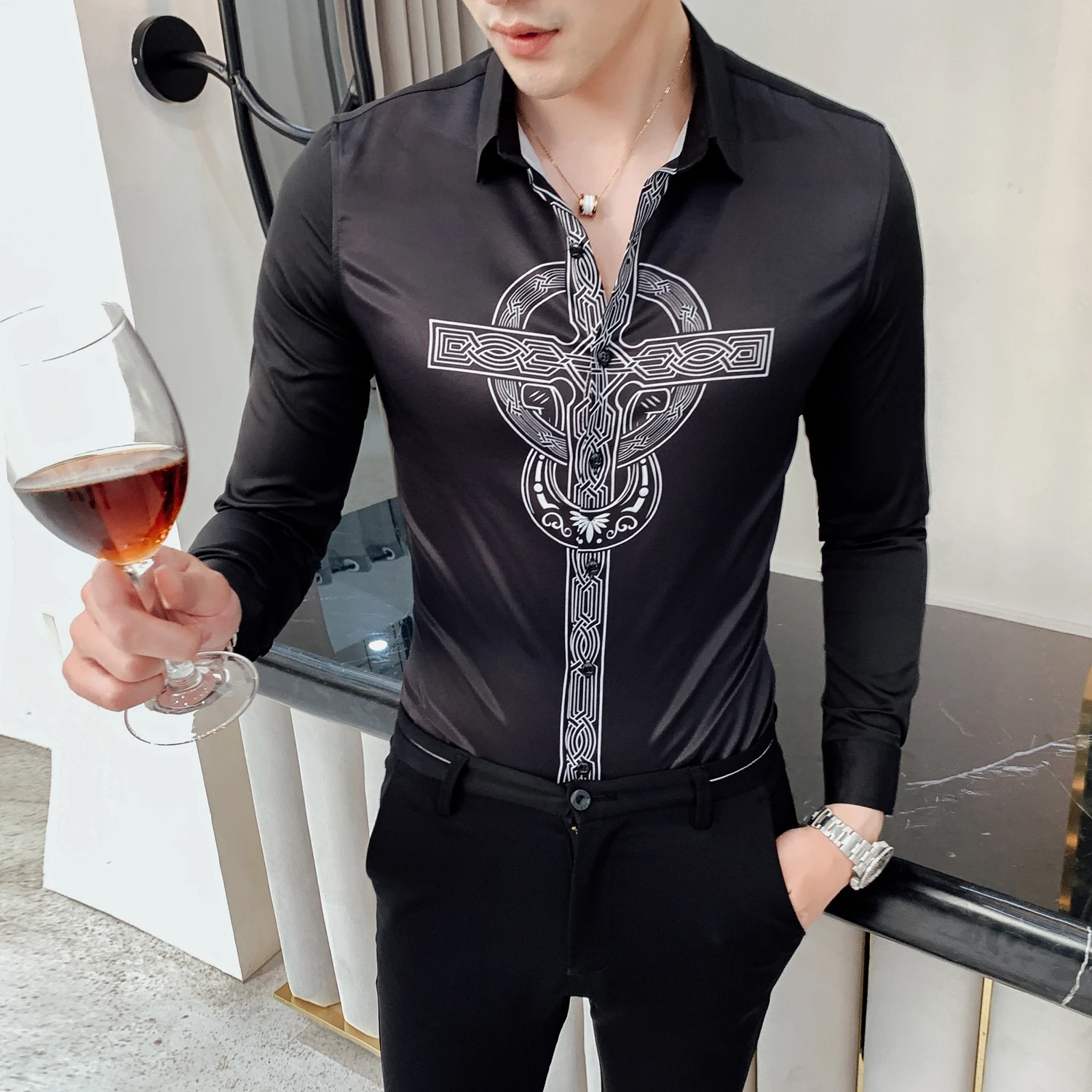 Camisa Homem Prom Camisa Masculina, осенняя рубашка с цветочным принтом, рубашка с принтом в виде креста, мужская рубашка с длинными рукавами, DJ Singer