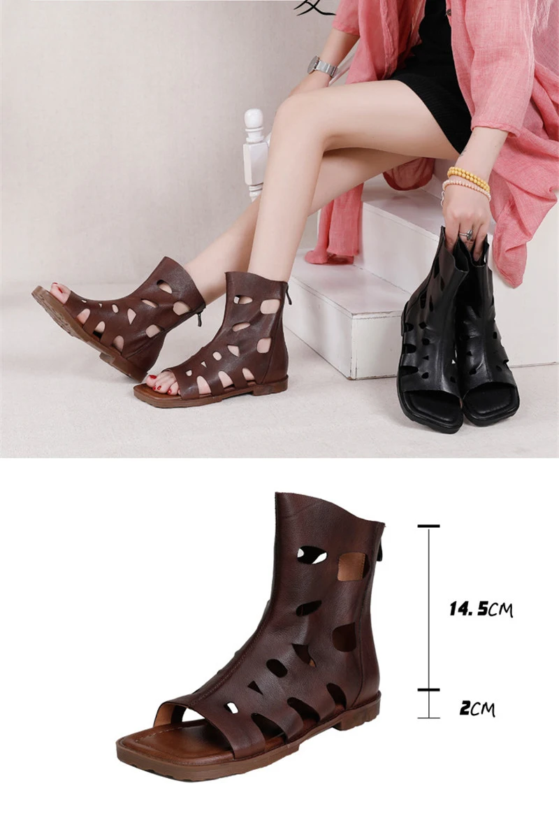 Original 2020 Summer New Women's Sandals Genuine Leather Fashion Retro Flats Bottom Hollow Hole Ladies Gladiator Sandals Shoes (12)