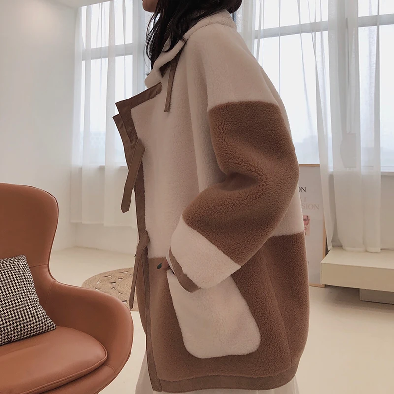 Негабаритный цветной гранулированный кашемир стриженое пальто Женская Шерсть ягненка шуба женская зимняя одежда