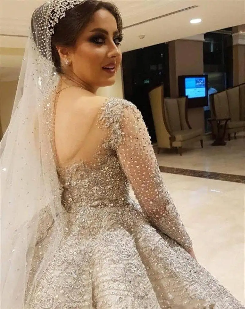Robe De Mariee роскошное свадебное платье с бусинами, иллюзия, длинный рукав, открытая спина, свадебные платья, платья невесты