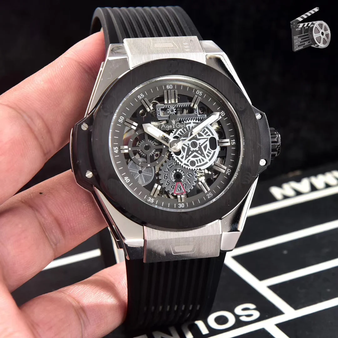 Black Bezel Роскошные брендовые Новые Мужские автоматические механические Серебристые серые титановые синие Черные Пластиковые резиновые часы с кожаным каркасом сапфировое стекло - Цвет: Black Bezel