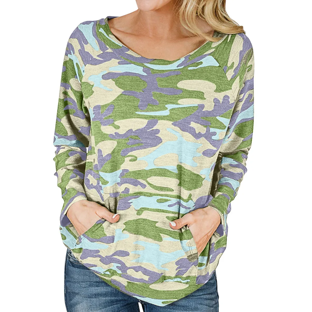 Зимние свитшоты женские с принтом и круглым вырезом с длинными рукавами рубашки свитшоты Новые камуфляжные пуловеры свитшоты - Цвет: Зеленый