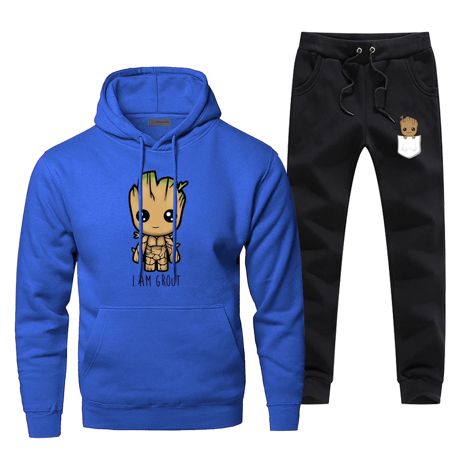 Мода Marvel Мстители Толстовка спортивный костюм с принтом I Am Groot толстовки+ брюки спортивная одежда мужские комплекты из двух предметов флисовые теплые спортивные штаны