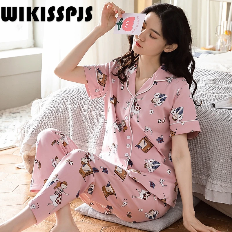 

WIKISSPJS 2022 New Spring and Summer Simple Fresh Thin Print Cotton Pink Women's Pajamas Home Wear Sleepwear Loungewear