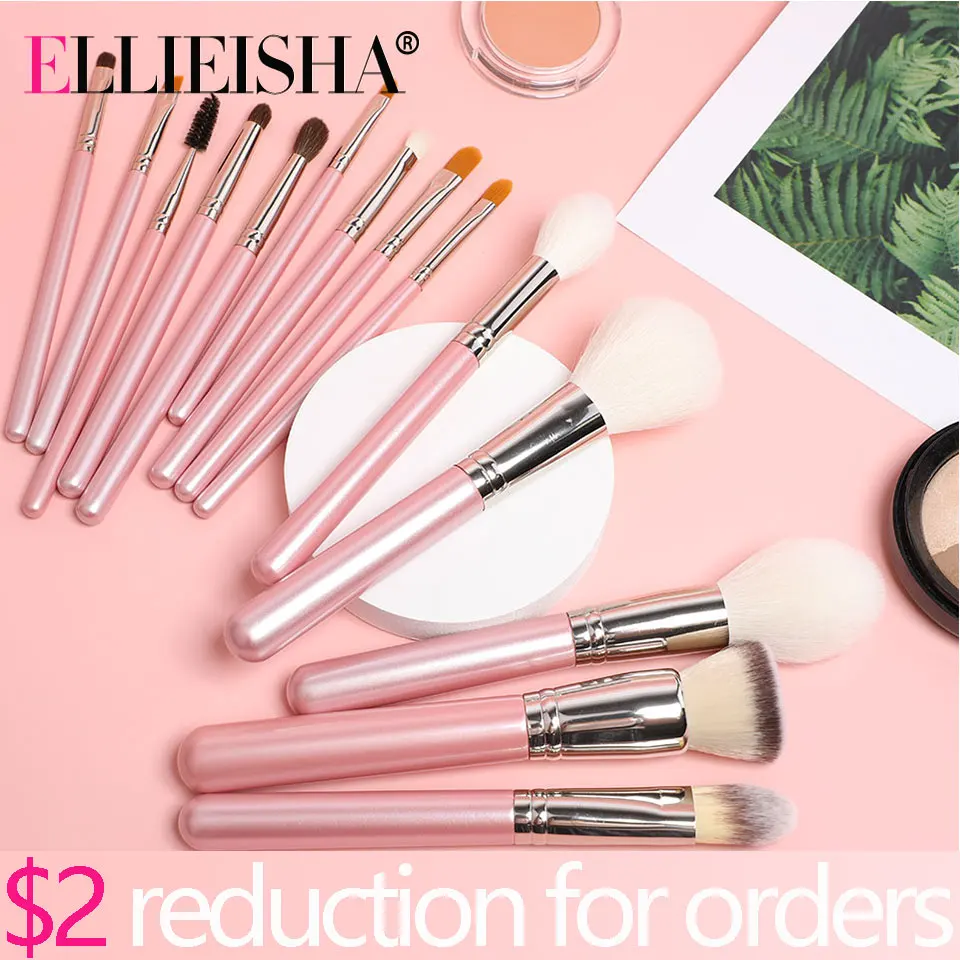 ELLIEISHA Pink Makeup brushes set Professional Natural goat hair Foundation Powder Contour Eyeshadow make up | Красота и здоровье