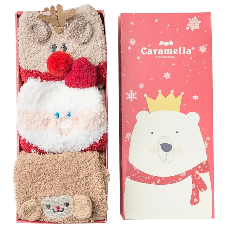 Caramella 3 пары/партия, зимние тапочки детские носки с забавными животными Детские носки противоскользящие теплые махровые носки Pom короткие носки для девочки, мальчика Подарочная коробка посылка