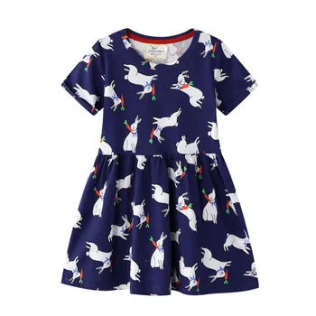 

2020 Spring Baby Girls Cotton Short Sleeve Rabbit Radish print Dress blue colour children princess dresses