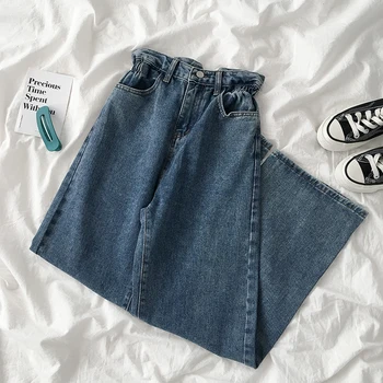 

ruffles elastic women jeans 2020 summer new solid high waist wide leg ankle length office lady elegant pants top quality