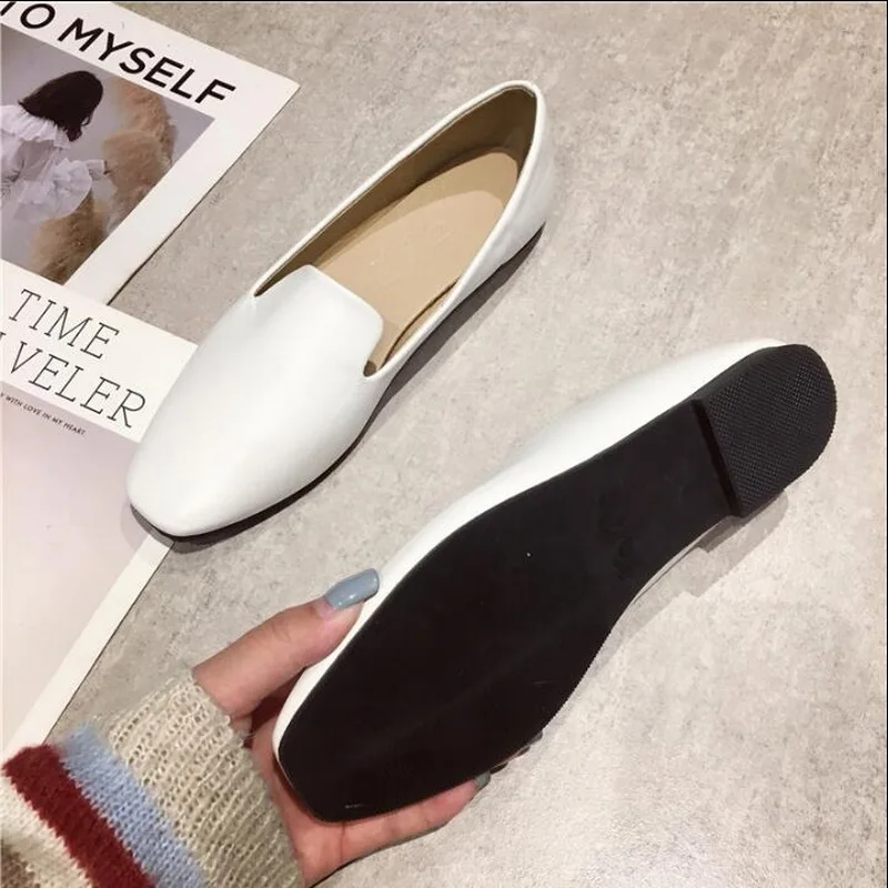Spring Flats Basic Shoes Women Loafers Synthetic Leather Fashion Square Toe Slip-On Lady Flats Leather Single Shoes