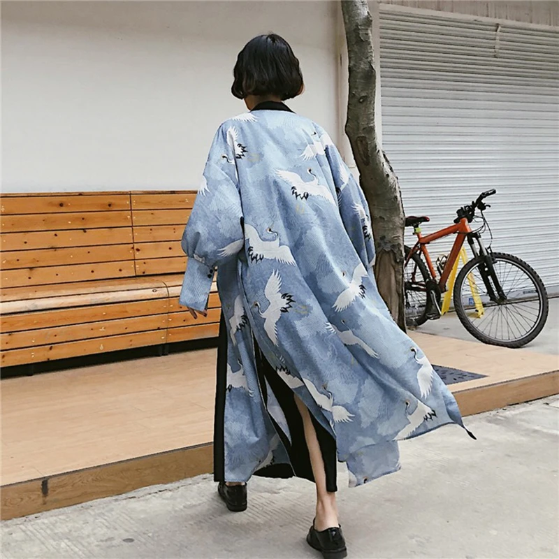 Женское уличное кимоно Harajuku тонкое свободное с разрезом на подоле