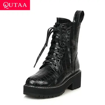 

QUTAA 2021 PU Leather Sewing Ankle Boots Autumn Winter Platform Lace Up Women Shoes Round Toe Square Heel Short Boots Size 34-43