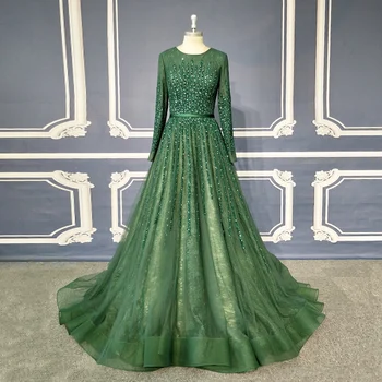

Noble Bride Jewel Zipper Back Sequined A Line Long Sleeve Formal Gown Muslim Evening Dress