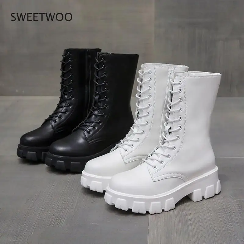 Women Long Boots Mid Calf Autumn Winter Shoes Platform Lace Up PU Woman Fashion  Footwear Female Comfort Botas