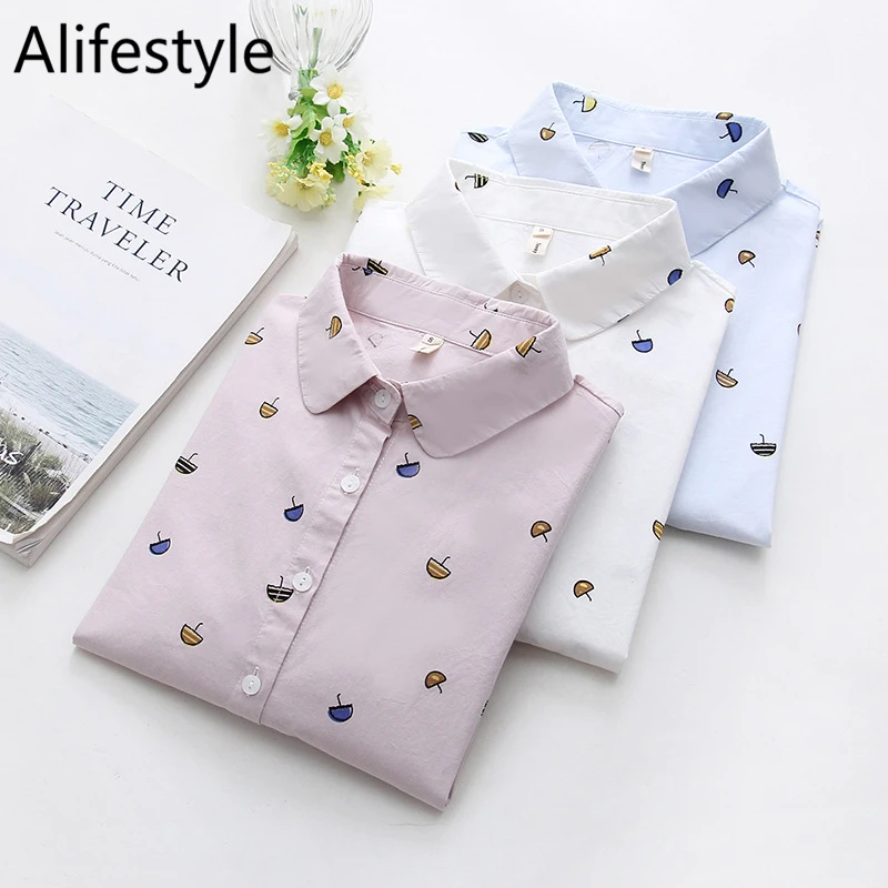 

2020 New Women Blouses Loveliness Printing Umbrella Female Casual Ladies Tops Long Sleeve Spring/Fall Shirts Cotton Clothes