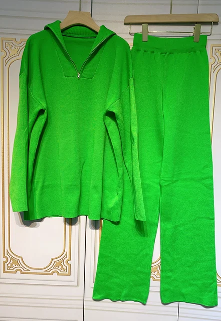 Free Shipping Casual Autumn Loose Knit Sweater Set Fashion Zip Lapel Long Sleeve Pullover Sweater & Straight Pants Two-piece Set Army Green