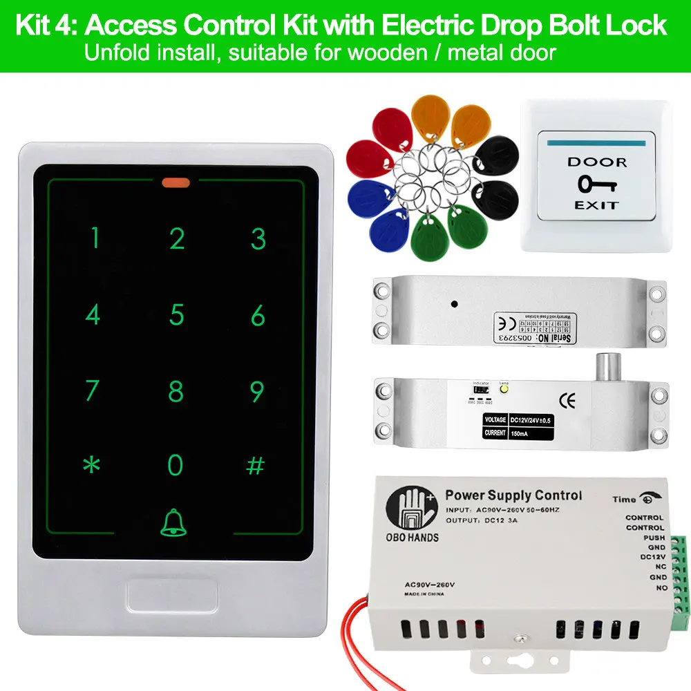 Комплект системы контроля доступа к двери 125 кГц RFID считыватель клавиатуры+ блок питания+ электромагнитный Электрический ударный болт замки+ EM Keyfbos - Цвет: Kit4