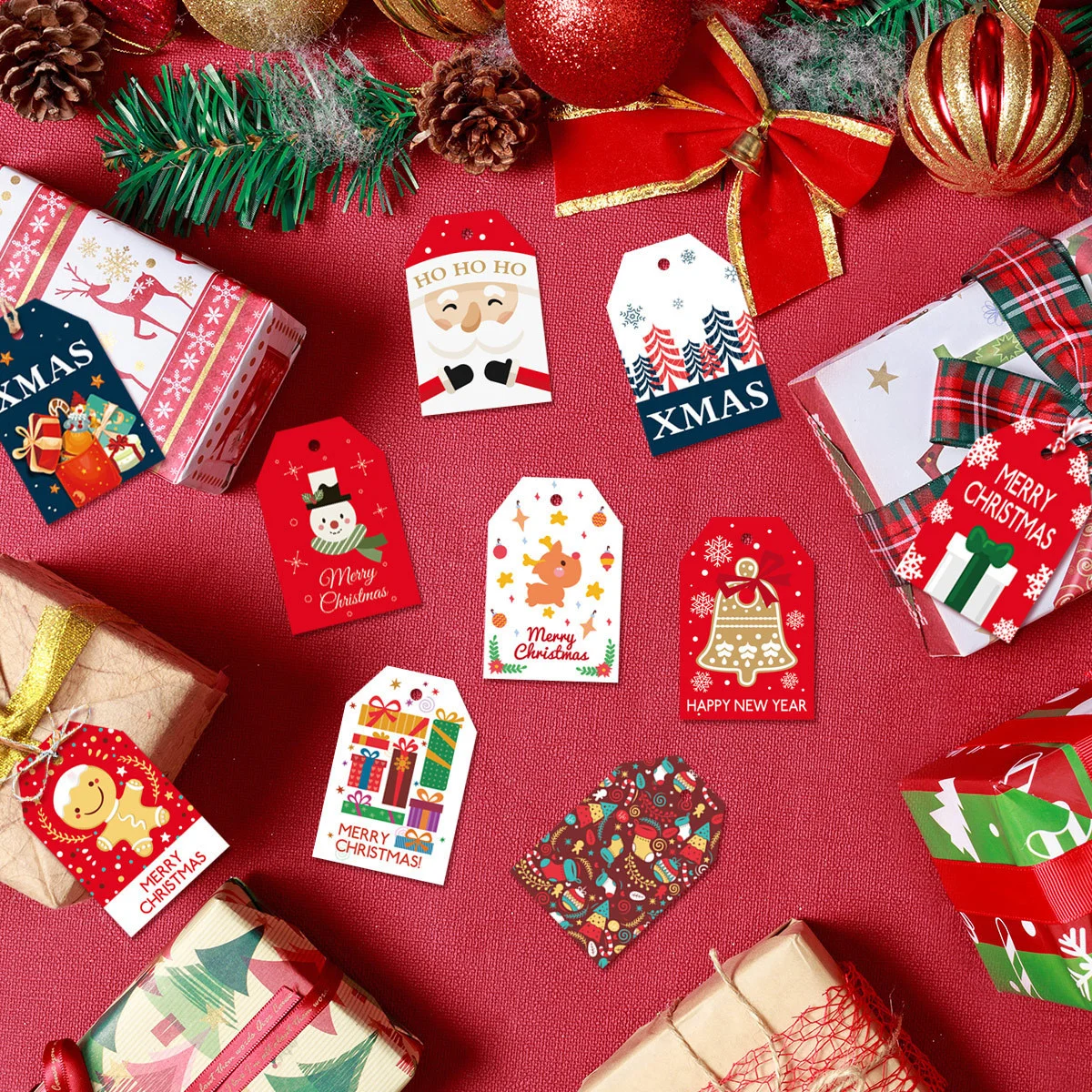 48Pcs Merry Christmas Tags Labels Gift Wrapping Paper Hanging Tags Santa Claus Paper Cards Xmas DIY Crafts Party Supplies