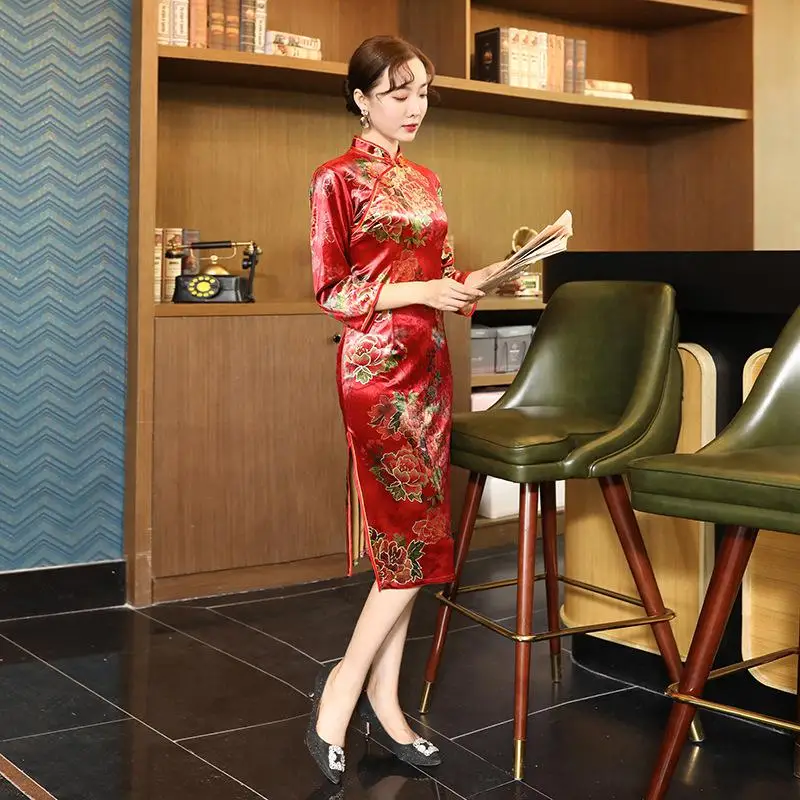 Элегантное китайское женское свадебное платье Cheongsam большого размера 3xl 4xl, сексуальное тонкое женское темно-синее платье Qipao с цветочным принтом Vestidos - Цвет: red 5