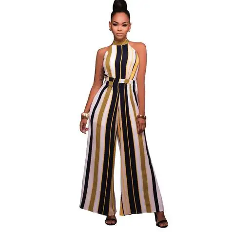 Комбинезоны длинные широкие брюки для женщин 2020 Холтер шеи без рукавов Boho Playsuit