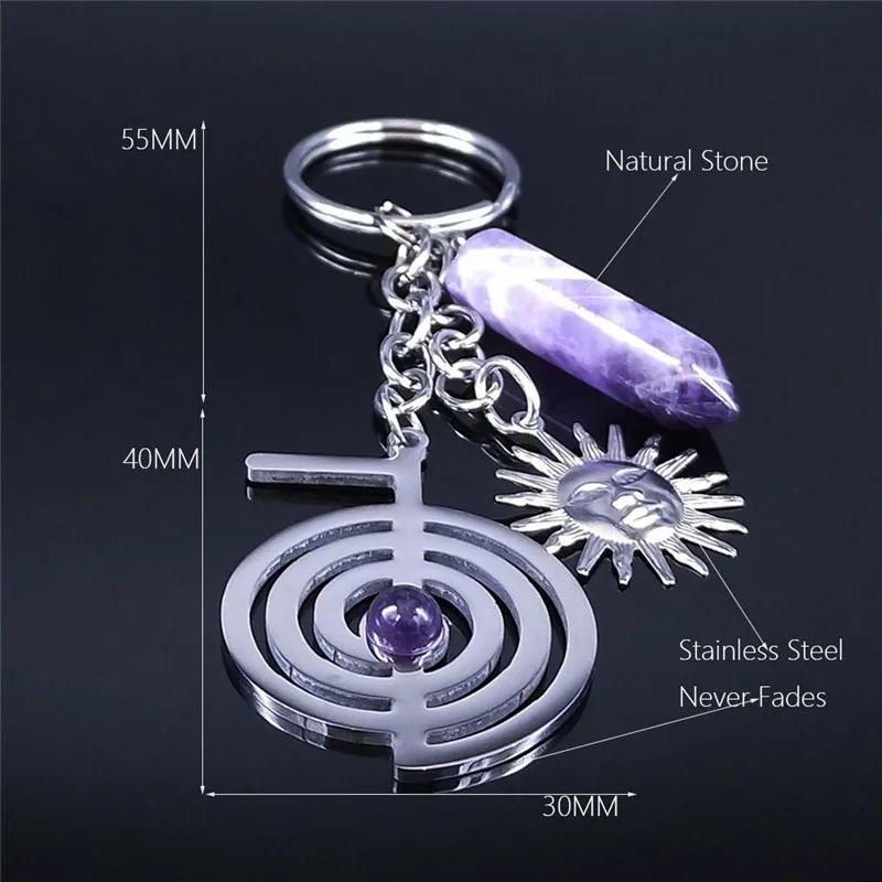 Yoga Reiki Cho Ku Rei Leven Spiraal Paars Kristal Kwarts Roestvrij Staal Sleutelhanger Vrouwen Heilige Geometrie Sieraden Porte Clef N4242