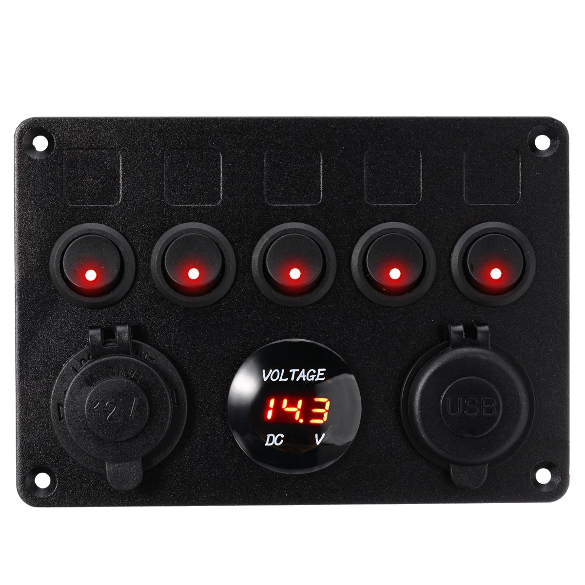 

5 Gang Boat Switch Panel 12V Dual USB Socket 4.2A Circuit Breaker Toggle Switch Control LED Voltmeter For Car Boat Marine