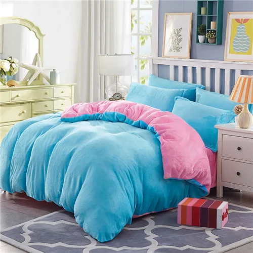 blue pink Зимнее постельное белье из флиса Комплект Реверсивный пододеяльник двухсторонний фланель плоский лист 3/4 шт. домашний текстиль постельное белье Домашний постельное белье caroset - Цвет: blue pink