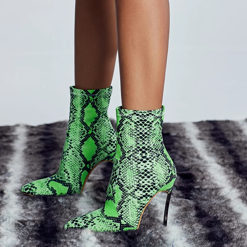 

Snake Prints Ankle Boots Women Sexy Elastic High Heels Socks Boot Autumn Winter Ladies Short Booties Fashion Stilleto Shoe Green