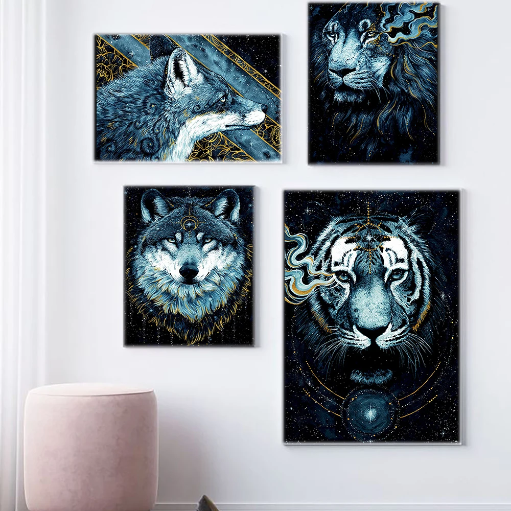 

Starry Sky Animal Wall Art Abstract Poster Tiger Wolf Retro Print Modern Canvas Painting Living Room Nordic Home Decoration