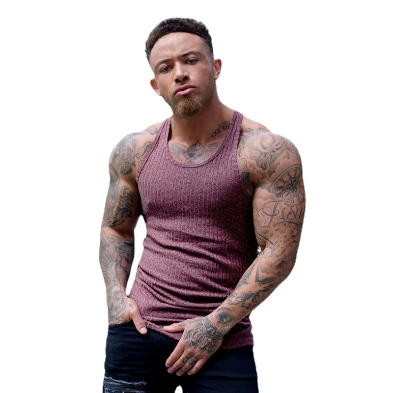 Fitness Sleeveless T Hemd Strick Slim Fit Weste Sport Streifen Gym Stringer Tank Top Männer Solide Mode Singuletts Sommer Kleidung – Detail 17