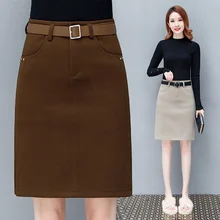 Женская юбка средней длины, шерстяная юбка, новинка, тонкая женская юбка с высокой талией, теплая зимняя юбка