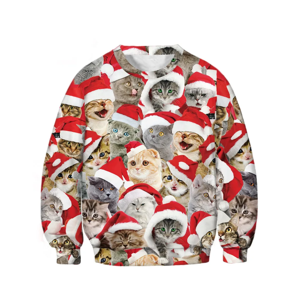 Рождественский детский свитер с 3D-принтом кота для мальчиков и девочек 10-12 лет, Рождественская одежда Детский свитер, футболка с длинным рукавом - Цвет: Бежевый